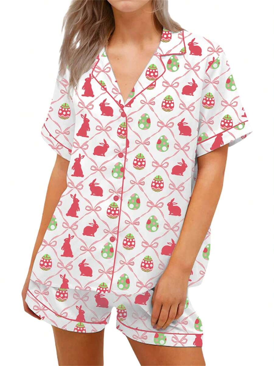 Women Easter Pajamas Set Bow/Rabbit Print Button T-Shirt And Elastic Shorts For Loungewear Soft Sleepwear - 乳白色 - 查看 1