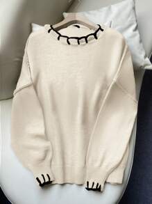 大胆镶边，厚秋冬长袖针织套头衫，超大 - 米色 - 查看 1