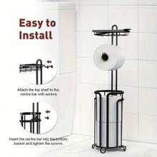 Bathroom Storage Essential! Bronze Toilet Paper Holder Stand With Shelf, Tissue Roll Dispenser, Space-Saving, Easy To Install, Stylish Design Enhances Bathroom Style - Black - View 5