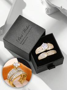 2pcs Gift Box Set - Luxury Cubic Zirconia Engagement Rings, Suitable For Weddings, Parties, Valentine's Day Gifts For Her - Gold - View 17
