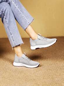 Nuevos zapatos planos para mujer de estilo coreano,  vacaciones de verano al aire libre de ocio con suela suave y moderna,Zapatillas De Deporte De Malla Tejidas,zapatos de playa transpirables con malla tejida,apatos de playa transpirables con malla tejida,vacaciones de verano al aire libre de ocio con suela suave y moderna, - Gris - Ver 5