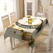 1pc Eid Mubarak Polyester Tablecloth,Exquisite Candle Lantern Patterned Tablecloth,Blue Printed Moon Patterned Tablecloth,Rectangular Machine Washable Tablecloth, Polyester,Ramadan Eid Home Decor, Kareem Celebration Table Cover,Ramadan Gift