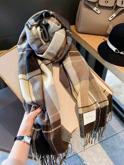 1pc 优雅新款冬季围巾女韩版加厚格子图案围巾一对简约围巾冬季学生围巾保暖柔软冬季户外保暖