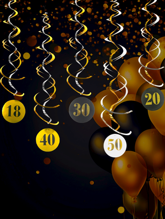 Set de 9 piezas de banderas con espiral de PVC + espiral doble + tarjeta de número de papel de aluminio, adecuado para decoraciones de fiesta de aniversario de 18, 20, 30, 40 o 50 años, también se puede usar para decoraciones de cumpleaños de 18, 20, 30, 40 o 50 años