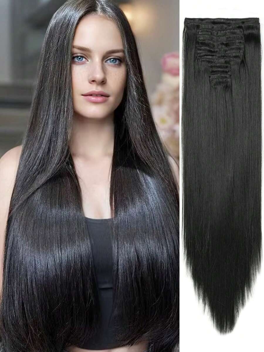 Clip In Hair Extensions Black Pink Color 22 Inch 12 PCS Set Long Straight Hair Extension Synthetic Hairpieces For Women Girls Daily Use