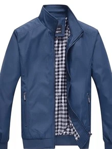 Chaqueta Casual De Negocios Cuello Levantado Para Hombre,	 Chamarra Cortavientos Casual Chamarra De Hombre De Color Sól - Azul - Ver 2