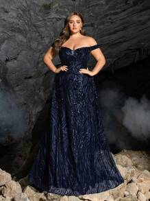 Elisanya 露肩亮片舞会礼服、派对礼服、婚礼宾客礼服、正式礼服、晚礼服、长袍 - 藏蓝色 - 查看 2