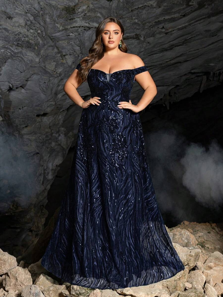 Elisanya 露肩亮片舞会礼服、派对礼服、婚礼宾客礼服、正式礼服、晚礼服、长袍