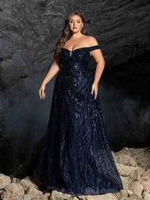 Elisanya 露肩亮片舞会礼服、派对礼服、婚礼宾客礼服、正式礼服、晚礼服、长袍 - 藏蓝色 - 查看 4