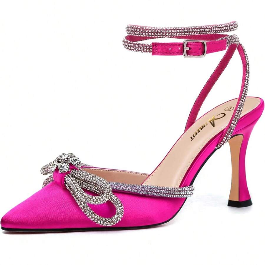 Women's Silver High Heel Sandals Rhinestone Bow Heels Ankle Strap Pointed Toe Sexy Stiletto Heeled Sandals Party Wedding Bridal Dress Pumps Shoes - Rose Red - View 1