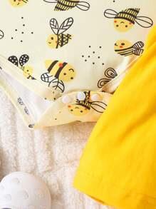 两件套女婴休闲可爱蜜蜂印花连体衣和蜜蜂印花吊带裙，适合外出和日常穿着，夏季 - 黃色 - 查看 7