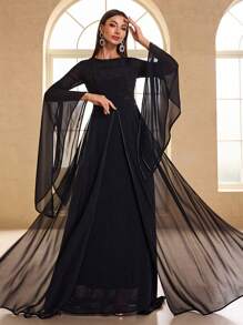 YISIKADO 女士优雅连衣裙串珠撞色雪纺圆领高腰不对称袖婚礼宾客生日派对毕业周年长裙适合正式场合