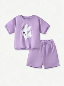 Cute Young Girls 2pcs/Set Cartoon Rabbit Print Summer Children Outfit, Suitable For Daily Wear - Purple - View 8