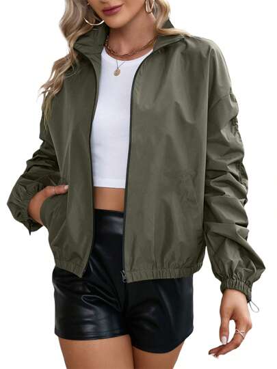 Women's Spring Autumn Casual Coat Solid Color Long Sleeve Stand Collar Zipper Jacket With Pockets