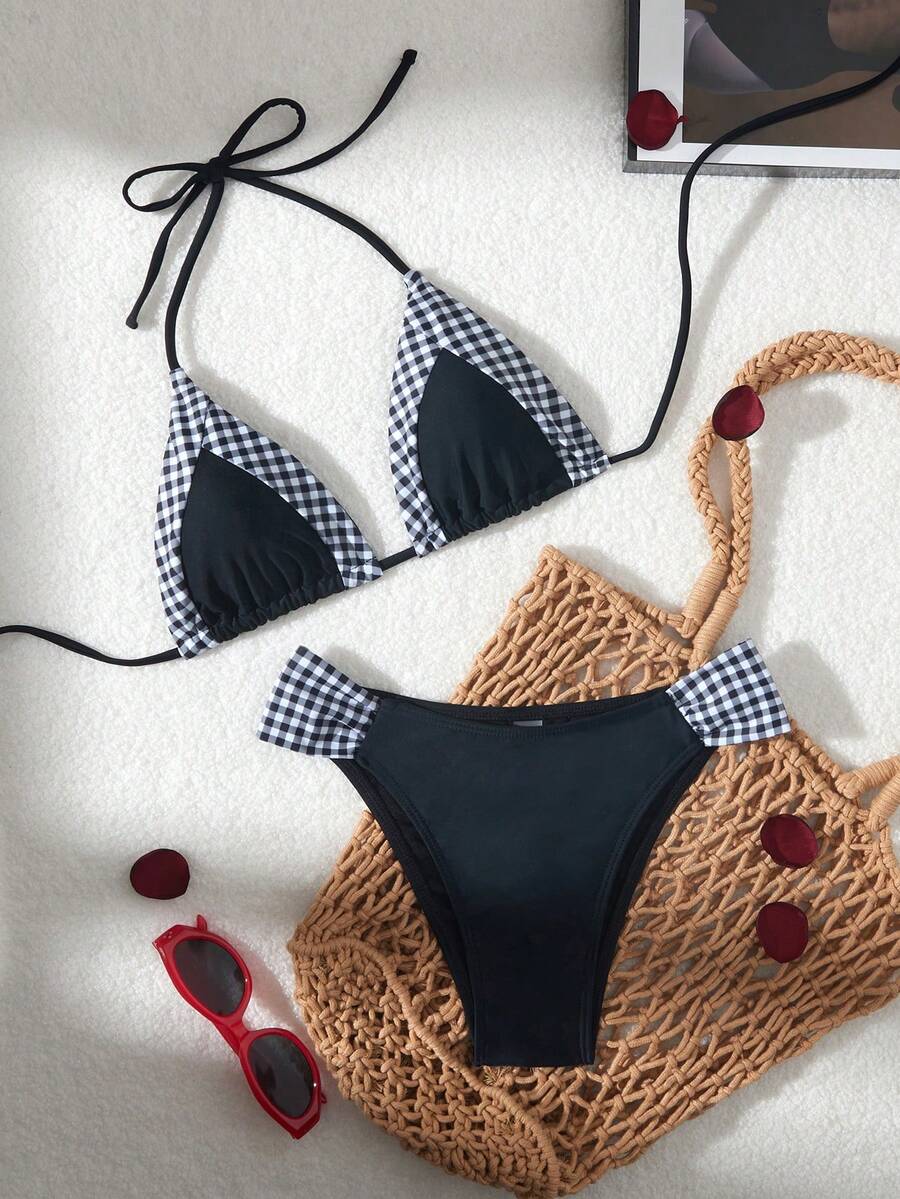 Bộ đồ bơi bikini in họa tiết chắp vá thời trang đi biển dành cho nữ, dành cho kỳ nghỉ hè - Đen và trắng - Xem 1