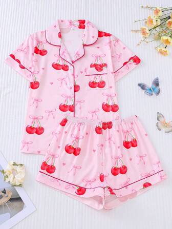 2 Pieces Set Cute Cherry Gift Bow Print Women Sleepwear Set, Short Sleeve Lapel Crop Top And Elastic Waist Shorts, Casual Ladies Pajamas And Loungewear For All Seasons, Two Pieces Set
