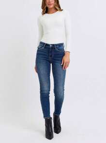 Women's Casual Skinny Jeans Classic Mid-Rise Waist Denim Pants With Thermal Lining Dark Wash Five-Pocket Design Button And Zip Closure Ankle-Length Perfect For All Seasons  Outfits Everyday Wear