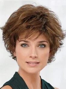 10-Inch Women Natural Looking Fluffy Mixed Brown Synthetic Fiber Short Wig With Oblique Bangs, Suitable For Everyday Wear