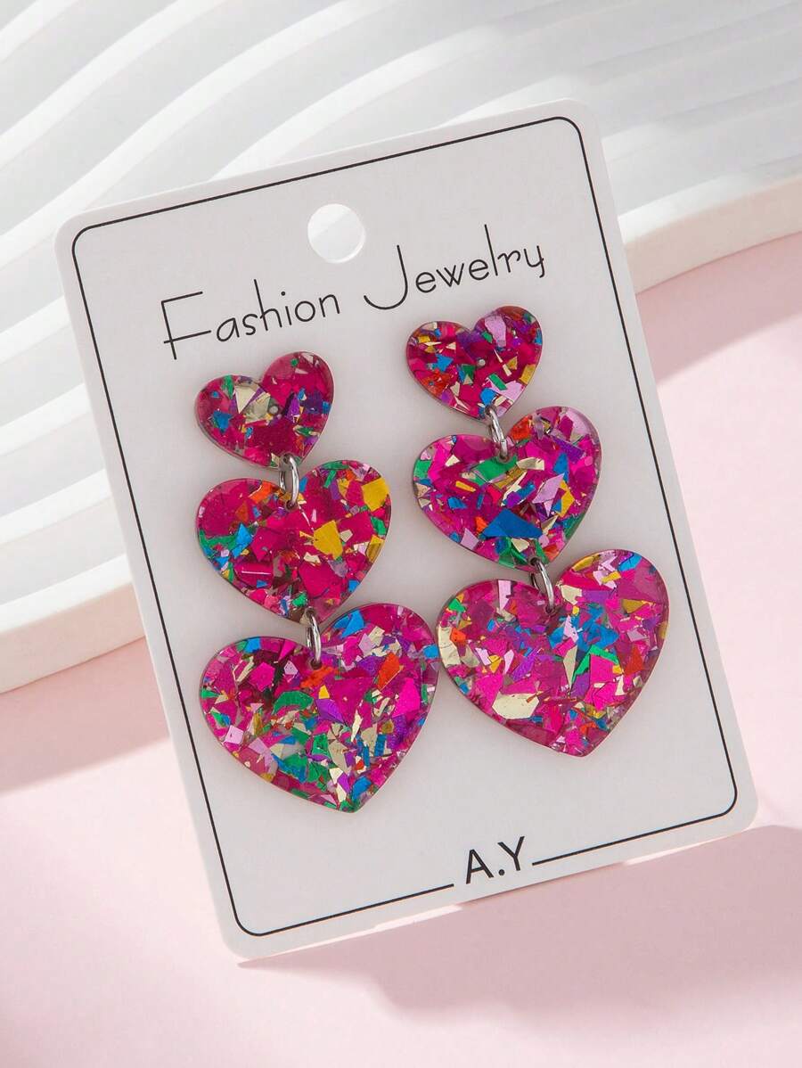 1 par de aretes con forma de corazón y diseño de corazón multicapa con lentejuelas brillantes para mujeres, joya de moda como regalo para el Día de San Valentín, para una cita, para la madre, Día de la Madre - Multicolor - Ver 1