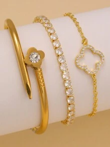 优雅闪亮时尚四叶草锆石不锈钢锆石四叶草手链套装，适合日常佩戴或作为礼物赠送朋友