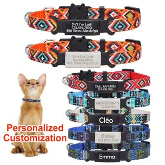 Customized Cat Collar, Adjustable Size With Bell And Safety Buckle, Personalized With Name And Phone Info, Bohemian Style Pet Accessory