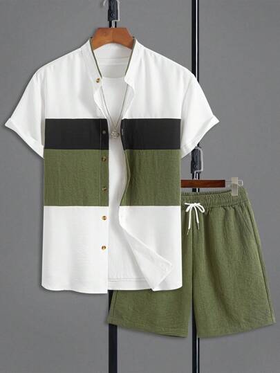 Men's Casual 2pcs Set Solid Color Contrast Splice Design Open Front Short Sleeve Shirt & Drawstring Shorts, Cozy Outfits