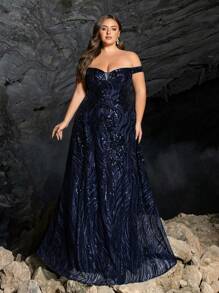 Elisanya 露肩亮片舞会礼服、派对礼服、婚礼宾客礼服、正式礼服、晚礼服、长袍 - 藏蓝色 - 查看 5