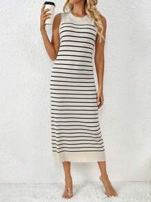 Women's Summer Knit Tank Dress Stripe Print Sleeveless Round Neck Slim Long Dress