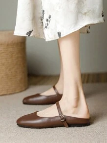 Women's Fashion Square Toe Slip-On Casual Shoes, Brown Color, Versatile For Office, Outdoor Activities, Spring & Autumn, High-End Quality Mary Jane Flat Mules - 棕色 - 查看 5