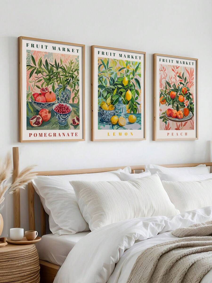 3PCS/SET Botanical And Fruit Prints, Pomegranate, Lemon And Peach, Fruit Market Wall Art Painting Canvas Painting, Kitchen And Dining Room Wall Decor, Unframed