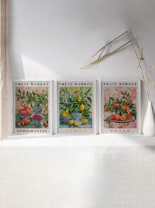 3PCS/SET Botanical And Fruit Prints, Pomegranate, Lemon And Peach, Fruit Market Wall Art Painting Canvas Painting, Kitchen And Dining Room Wall Decor, Unframed