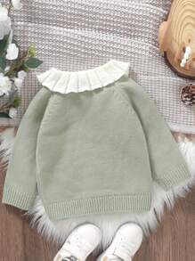 Suéter para niña con bordado de gallo, cuello de muñeca, manga larga, botones, para otoño e invierno. - Verde - Ver 3