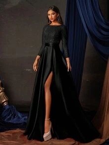 优雅黑色亮片长袖礼服，高开衩设计，及地长款正式礼服，女士舞会礼服，派对礼服，婚礼宾客礼服，春季晚礼服 - 黑色 - 查看 7