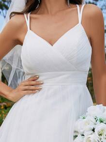 Backless Criss-Cross Bow Lace & Mesh Wedding Dress - White - View 6