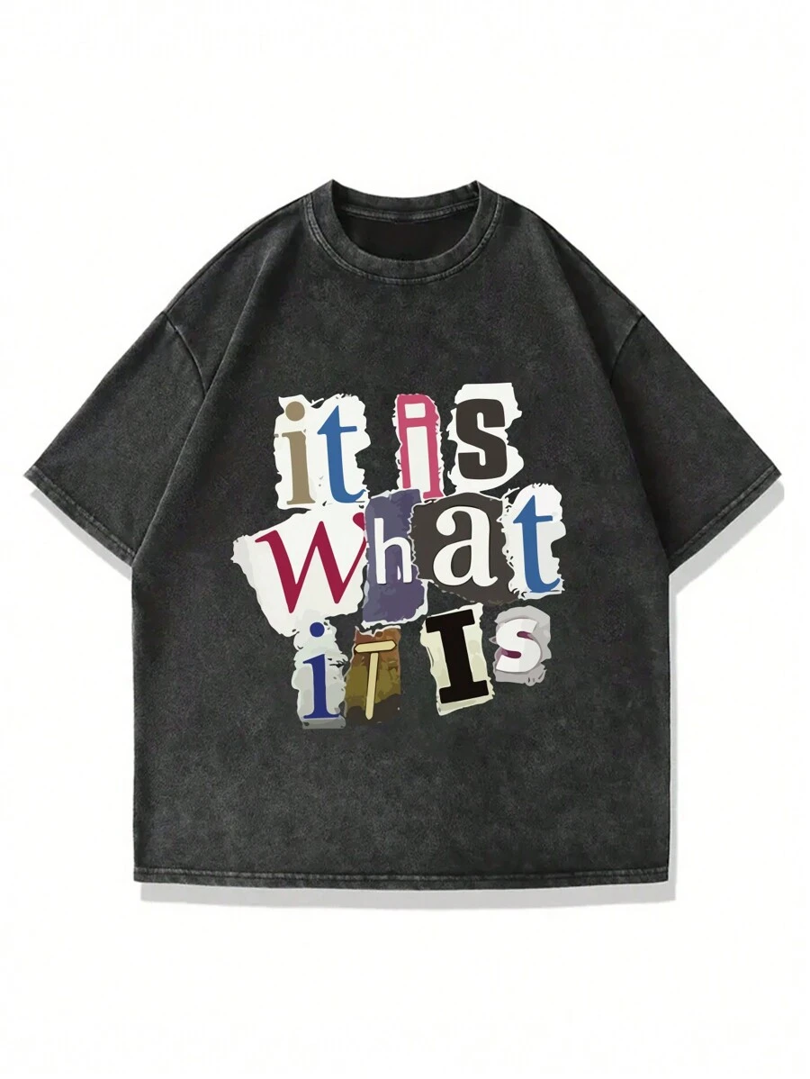 Áo thun tay ngắn in chữ Y2K cổ tròn thường ngày cỡ lớn dành cho nam, mặc hàng ngày - màu đen - Xem 1