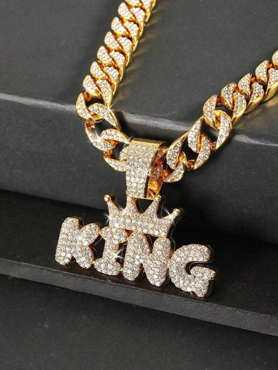 1 Pair Unisex Sparkling Initial "KING" Pendant Necklace, Diamond Encrusted, Different Styles Of Cuban Chain Necklace, Luxury Design For Various Occasions
