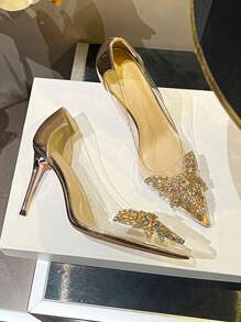 Women's Rhinestone Transparent High Heel Pointed Toe Stiletto Fashion Wedding Silver Champagne Spring Autumn Pumps - Champagne - View 6
