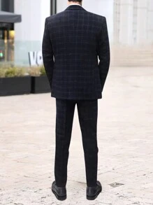 3 piezas Conjunto de traje a cuadros para hombre, que incluye chaqueta, chaleco y pantalones, de estilo minimalista y de moda, para uso casual diario - Azul Marino - Ver 3