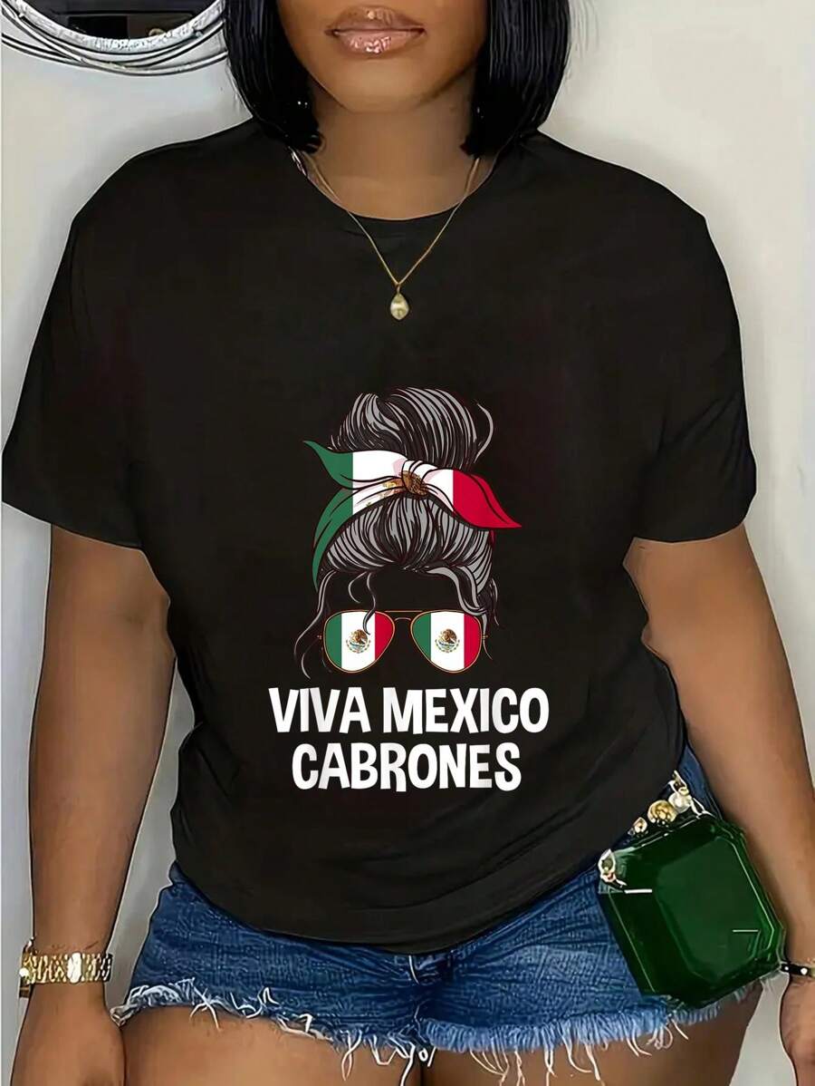 100% Cotton Viva Mexico Cabrones Messy Bun Happy Independence Day Women T-Shirt - màu đen - Xem 1