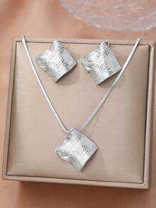 Aomogo 2pcs Asymmetrical Luxurious Creative Stainless Steel Geometric Leaf Textured Necklace & Earrings Set, Suitable For Daily Wear