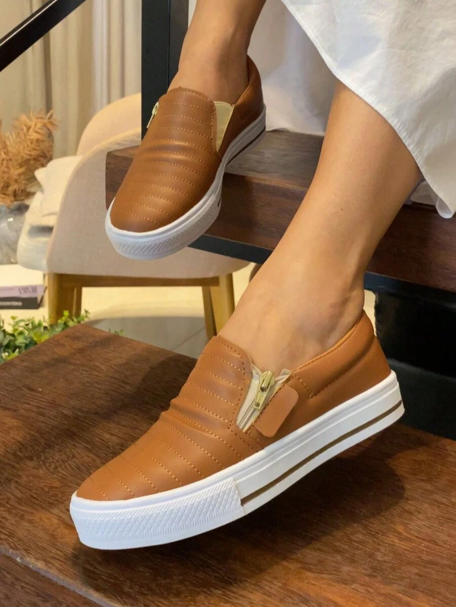 Women's Sneakers, Slip On Sneakers, Comfortable Zipper - 駝色 - 查看 1