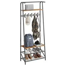 Garderobe Flur Baum mit Schuhablage Bank für 4-in-1-Eingang Flur Baum mit 5 Haken, Holz-Look Akzent Möbel mit Stahlrahmen Lagerung Regal, Schwarz