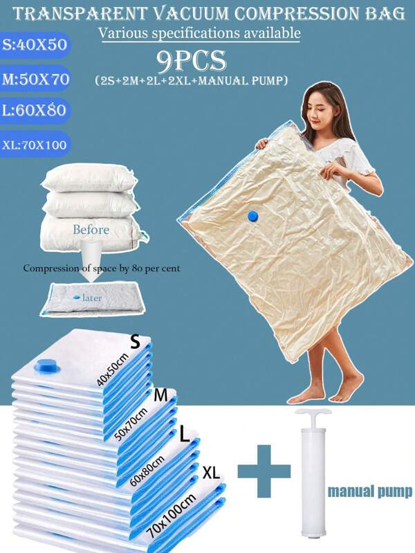 11pcs/1 Set Transparent Vacuum Compression Storage Bags - Vacuum Clothing Travel Organizers, Wardrobe Organizers, Luggage Packsing Cubes. High Quality Vacuum Storage Bags With Pump For Travel Essentials, Clothes, Beddings, Blankets. Portable Vacuum Compression Bags, No Electricity Required. Decorative For Home, Bedroom, Holiday And Room Decorbedroom,Organizer,Organiser,Home Storage,White T Shirt Women,Black Pants Women,Ladies Winter Clothes,Dress,Winter Clothes For Ladies,Elegant Woman Dresses,White Shirt For Ladies,Long Sleeve,White Jumpsuit For Women,Spring Dresses For Women,Spring Outfits For Women,Spring,Spring Clothes,Minimalist,Summer Tops