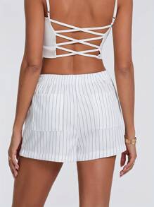 Women Summer Stripe Print Shorts Elastic High Waist Wide Leg Short Pants Lounge Shorts