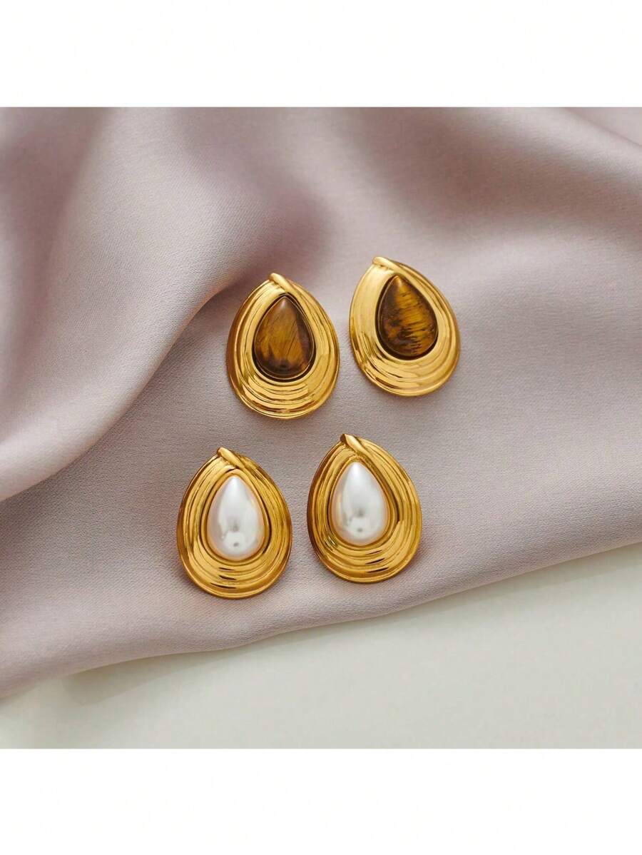 A Pair Of Antique Stainless Steel Earrings In Tiger's Eye Stone Drops Set With Pearls For Party And Festival Celebrations
