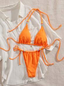 全新柔软纯色串珠吊带比基尼泳装套装，优雅派对和海滩时尚女士夏季