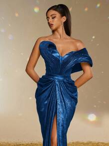 Smilprince Un elegante y lujoso vestido de noche de satén brillante con un hombro, escote de corazón, cintura fruncida y abertura alta en la falda para fiestas formales y bailes - Azul Marino - Ver 7