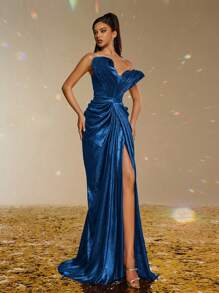 Smilprince Un elegante y lujoso vestido de noche de satén brillante con un hombro, escote de corazón, cintura fruncida y abertura alta en la falda para fiestas formales y bailes - Azul Marino - Ver 5