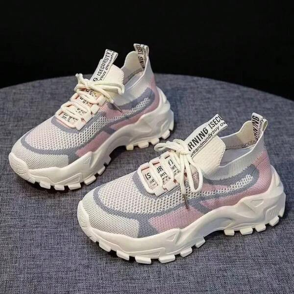 apatillas de deporte antideslizantes transpirables de malla con tacón grueso para mujer, zapatillas de tenis planas con cordones y puntera redonda con bloqueo de color, aptas para correr, hacer ejercicio y uso diario.
