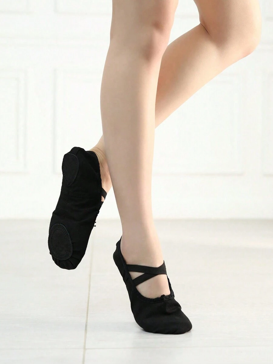 Damen Schwarze Ballettschuhe mit Kordelzug, Segeltuch, gekreuztem elastischem Band, passend zu Hoodies - schwarzer Kordelzug - Übersicht 1